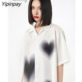 Yipinpay 2023 Summer Y2K Short Sleeve Women White Shirt Korea Style Button Heart Print Oversize Woman Blouse Female Clothing Top