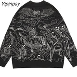 Yipinpay Knitted Sweater Harajuku Ukiyo-e Style Skull Graffiti Pullover 2023 Autumn Streetwear Sweater Men Women Cotton Knitwear