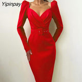 Yipinpay Spring Full Sleeve V Neck Women Long Dress Elegant Sashes Solid Elasticity Cotton Sexy Dresses Empire Party Evening Dress