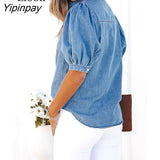 Yipinpay Lantern Sleeve Denim Shirt Women Button Up Cardigan Top With Pockets Streetwear Turndown Collar Sexy Tops And Blouses