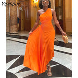 Yipinpay Hollow Out Pleated Dress Women Fashion Sleeveless Diagonal Collar A Line Dresses 2023 Summer Party Prom Evening Vestidos