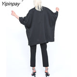 Yipinpay 2023 Autumn Oversize Bat Sleeve Gothic Long Trench Women Minimalist Style Black Zipper Up Coat Fall Outerwear Windbreaker