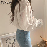 Yipinpay Spring Fashion Korea Style Loose Chiffon Women Blouse Lantern Sleeve Solid Lace White Ladies Shirts O Neck Female Clothing