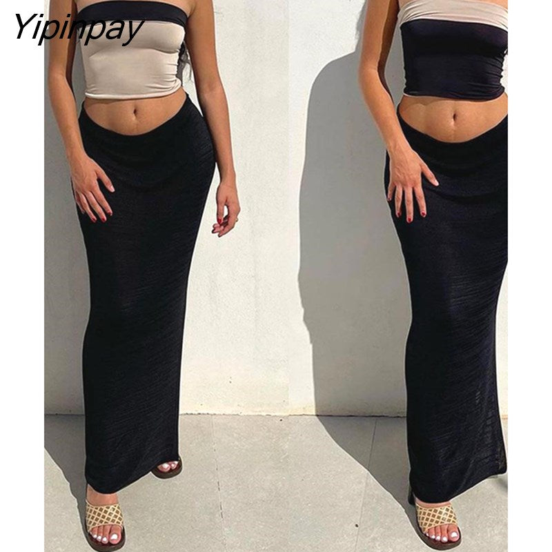 Yipinpay Spliced Tube Top Crop Tops And Bodycon Skirt Suits Women Side Split Dress Set Female Reversible Solid Sleeveless Outfits