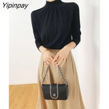 Yipinpay 2023 Winter Korean Style Long Sleeve Slim Sweater Women Office Lady Half High Collar Ruched Pullover Work Female Tops