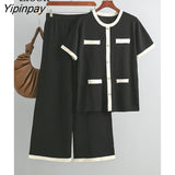 Yipinpay Color Block Knit Two Piece Set Women Button Tops And Wide Leg Pants High Waist Patchwork Knitwear Outfits Summer Sets