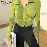Yipinpay 2023 Spring Sexy Slim Long Sleeve Folds Women Shirt Korea Style Button Up Solid Woman Crop Tops Blouse Female Clothing