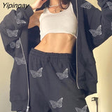 Yipinpay Streetwear Butterfly Print Rhinestone Zip-per Tracksuits Y2K Fashion Oversized Zippper Hoodies Sweatpants