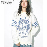 Yipinpay 2023 Winter Long Sleeve Angel Embroidery Sweater Women Streetwear Frayed O Neck Ladies Pullover Female Clothing Tops