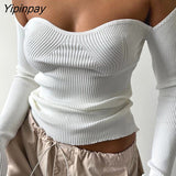 Yipinpay Sexy Off Shoulder Knit Corset Tops Women Ribbed T Shirt Long Sleeve Black White Basic Tees Tshirt Streetwear Bodycon Tops