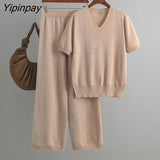 Yipinpay Two Piece Loose Set Women Slit Tops And Straight Leg Pants High Waist Streetwear 2023 Summer Knitwear Baggy Outfits Sets