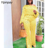 Yipinpay Dot Printing Suits Women Puff Sleeve Blouse And Wide Leg Pants 2 Piece Set 2023 Spring Vacation O Neck Shirt Outfits