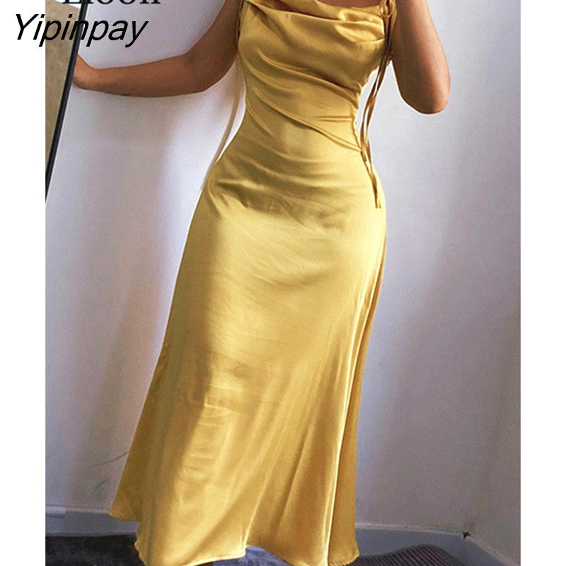Yipinpay Yellow Satin Ruched Midi Dress Women High Waist 2023 Summer Spaghetti Strap Robe Backless Drawstring Party Sexy Dresses