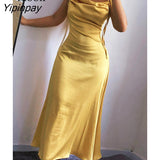 Yipinpay Yellow Satin Ruched Midi Dress Women High Waist 2023 Summer Spaghetti Strap Robe Backless Drawstring Party Sexy Dresses