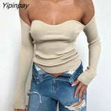 Yipinpay Sexy Off Shoulder Knit Corset Tops Women Ribbed T Shirt Long Sleeve Black White Basic Tees Tshirt Streetwear Bodycon Tops