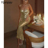 Yipinpay Women Sexy Spaghetti Strap Gold Midi Dress Fashion Wrap Chest Slim Backless Dresses 2023 Summer Party Club Bodycon Vestidos