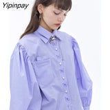 Yipinpay 2023 Autumn court style Long Puff Sleeve Shirt Women Vintage Butterfly embroidery Button Ladies Tunic Blouse Female Tops