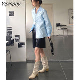 Yipinpay 2023 Autumn Streetwear Long Sleeve Bandage Blue Cotton Shirt Women Y2K Sexy Ladies Blouse Fashion Female Clothing Tops