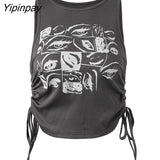 Yipinpay Eyes Print Tops Fairy Grunge Graphic Y2K Crop Tops Short Sleevle Vest Tees Harajuku Streetwear Suspenders Women Clothes
