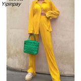 Yipinpay Piece Pleated Shirt Set Sexy Blouse Tops And Wide Leg Pants Women High Waist 2023 Autumn Long Sleeve Loose Outfits Pant Sets