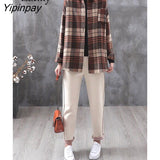 Yipinpay 2023 Winter Korean Style Long Sleeve Loose Plaid Shirt Women Causal Button Up Tunic Blouse Female Tops Clothing