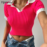 Yipinpay Block Knit Ribbed Crop Top Sexy Short T Shirt Women Pullovers New 2023 Summer Basic Tees Streetwear Patchwork Bodycon Tops