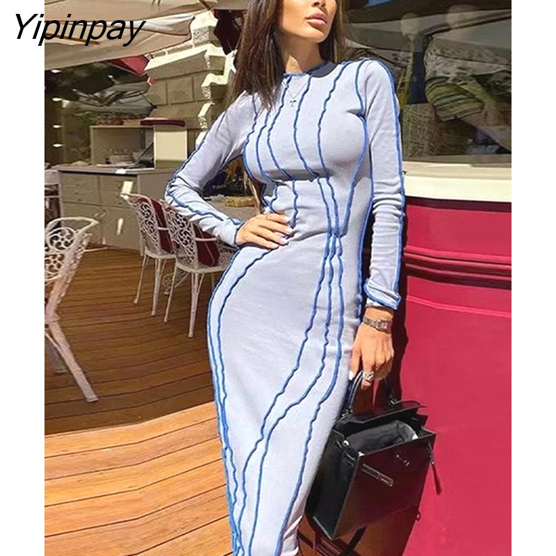 Yipinpay Women's Convex Strip Flare Sleeve Slim Midi Dress 2023 Spring O Neck Party Club Mini Dresses Female Office Solid Robe Outifits