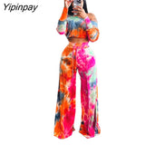 Yipinpay Women Tie Dyed Tracksuit Female Long Sleeve Cropped Blouse Loose Wide Leg Pants Two Piece Set 2023 Chic Street Lace Up Outfit