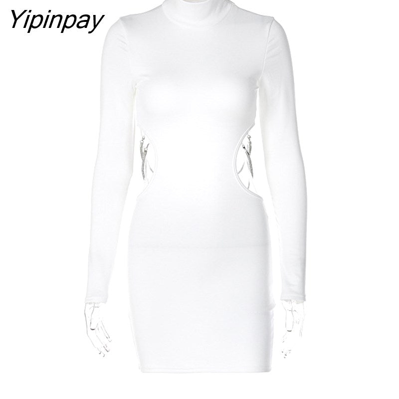 Yipinpay Women Long Sleeve Bodycon Hollow Out Mini Dress Solid Sexy Backless Slim High Neck Dress 2023 Autumn Party Club Christmas Dress