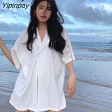 Yipinpay Summer Short Sleeve Button Chiffon Women Shirt Korean style Stripe Loose Ladies Blouse Beach Vacation Female Clothes Tops
