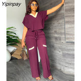 Yipinpay Women Casual Contrasting Drawstring Trousers Suit Female V Neck Blouse Straight Pants Two Piece Set 2023 Fashion Sports Outfit