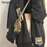Yipinpay Patch Y2K Zip Up Hooded Jacket Women Long Sleeve Loose Streetwear Hoodies Cotton Outwear Harajuku Sweatshirts Black Gray