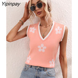 Yipinpay Women Knitted Vest Floral Top Sexy Mujer Streetwear Summer 2023 New In Knitwears Sleeveless V Neck Black Knit Tank Tops