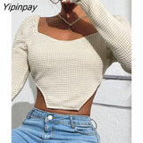 Yipinpay Women Square Collar Knitted Long Sleeve Crop Top 2023 Solid Autumn Skinny Hollow Out Basic Pullover Fashion Female Streetwear