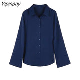 Yipinpay Office Lady Long Flare Sleeve Chiffon Shirt Women Korean Style Button Loose Blouse Tunic 2023 Summer Female Clothing Tops