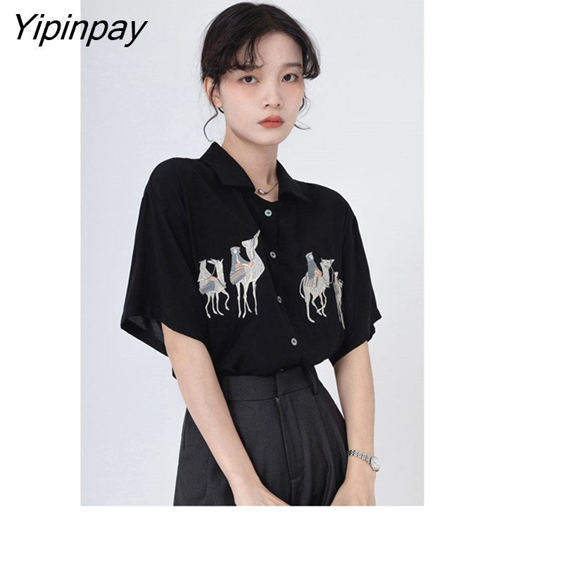 Yipinpay 2023 Summer Vintage Short Sleeve White Shirt Women Embroidery Button Up Ladies Blouse Casual Fashion Female Clothing Tops