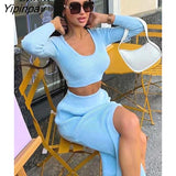 Yipinpay Knit Sweater Two Piece Bodycon Set Women Slit Skirt And Short Tops Long Sleeve High Waist Streetwear Autumn Sweaters Sets