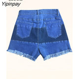 Yipinpay Color Block Tassel Bodycon Denim Shorts Women High Waist Summer Streetwear With Pockets Patchwork Sexy Skinny Jean Shorts