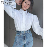 Yipinpay 2023 Spring Vintage Long Sleeve Women White Basic Shirt Office Lady Ruffles Button Up Woman Tunic Blouse Female Clothing