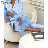 Yipinpay With Feather Blazer And Straight Pants Suits Women Fashion Furry Tailored Collar Shirts Trousers Two Piece Set Lady Outfit