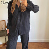 Yipinpay Shirt Suits Pleated Notched Single-Breasted Female Cardigan Two-Piece Loose Shirts and High-Waist Wide-Leg Pants Sets