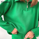 Yipinpay Baggy Sweater Women Pullover Zip Up Tops Female Jumpers Streetwear Long Sleeve Turndown Collar Autumn Winter Loose Sweaters