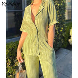 Yipinpay Sleeve Shirts Two Piece Set Women Fashion High Waist Green Trouser Suits 2023 Summer Female Casual Pleated Pants Set