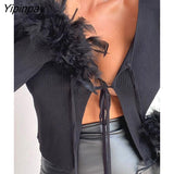 Yipinpay Women Sexy V-neck Feathers Lace Up Ribber Knitted Top Long Sleeve Skinny T-Shirt Tops 2023 Female Y2K Club Fashion Cropped Tees