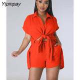 Yipinpay Women Casual Solid Shorts Two Piece Set Short Sleeve Blouse Drawstring Shorts Suit 2023 Summer Lady Fashion Streetwear Outfit