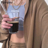 Yipinpay Hooded Sweatshirt Brown Waffle Winter Jacket Top Oversized Hoodie Solid color Retro Woman Clothes Long Sleeve Pullover