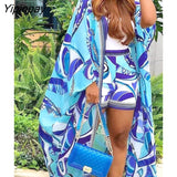 Yipinpay Women Two Piece Set Short Suits Super-long Top And Shorts Outfits Ladies Summer Long Sleeve Print Loose Beach Casual Sets