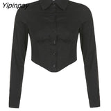 Yipinpay 2023 Autumn Y2K Sexy Long Sleeve Folds Women Shirt Street Gothic Button Ladies Crop Top Club Female Clothing Blouse Tops