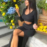 Yipinpay Knit Sweater Two Piece Bodycon Set Women Slit Skirt And Short Tops Long Sleeve High Waist Streetwear Autumn Sweaters Sets