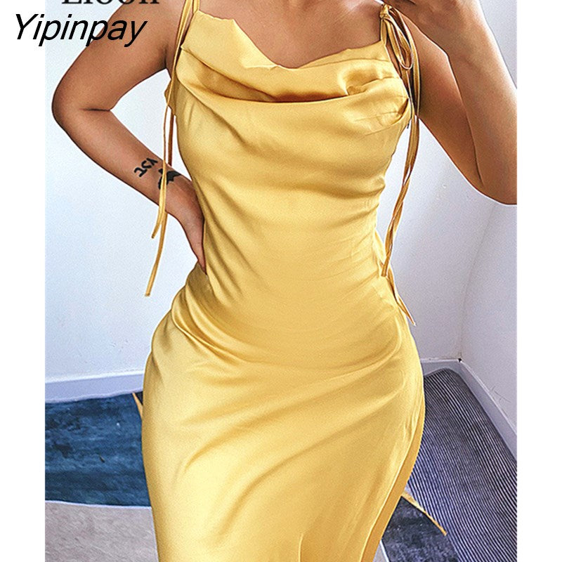 Yipinpay Yellow Satin Ruched Midi Dress Women High Waist 2023 Summer Spaghetti Strap Robe Backless Drawstring Party Sexy Dresses